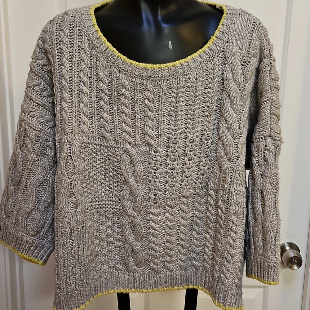 VICTORIA'S SECRET Gray Cable Knit Sweater with Yellow Trim - M